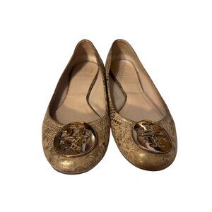 Tory Burch Gold Snake-Embossed Leather Ballet Flats Womens Size 7